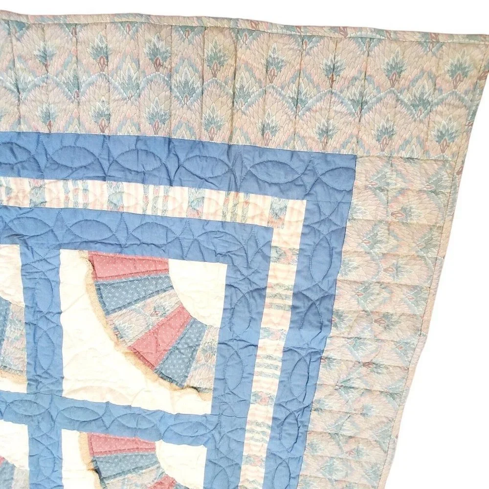 Vintage Grandmother's Fan QUILT Hand Quilted‎ Queen Size Farmhouse Blue Pink